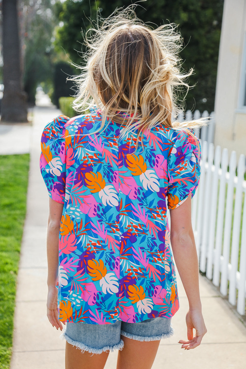 Haptics Aqua Tropical Print Frill Notch Neck Puff Sleeve Top 2024 Blow-Out Sale