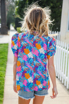 Haptics Aqua Tropical Print Frill Notch Neck Puff Sleeve Top 2024 Blow-Out Sale