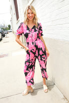 Haptics Black Floral Print Ruffle Sleeve Wide Leg Jumpsuit