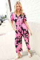 Haptics Black Floral Print Ruffle Sleeve Wide Leg Jumpsuit