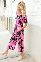 Haptics Black Floral Print Ruffle Sleeve Wide Leg Jumpsuit