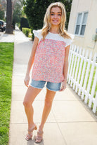 Haptics Coral & White Cotton Floral Embroidered Yoke Top Final Sale