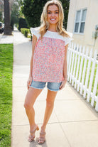 Haptics Coral & White Cotton Floral Embroidered Yoke Top Final Sale