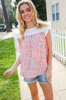 Haptics Coral & White Cotton Floral Embroidered Yoke Top Final Sale