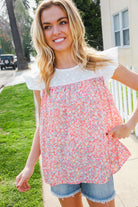 Haptics Coral & White Cotton Floral Embroidered Yoke Top Final Sale