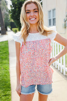 Haptics Coral & White Cotton Floral Embroidered Yoke Top Final Sale