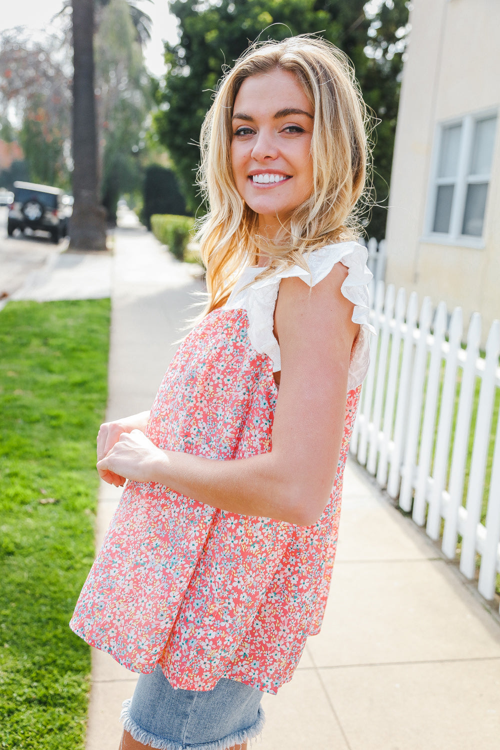 Haptics Coral & White Cotton Floral Embroidered Yoke Top Final Sale
