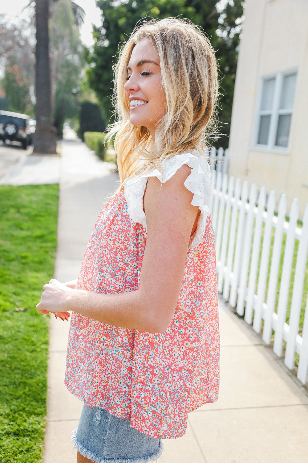 Haptics Coral & White Cotton Floral Embroidered Yoke Top Final Sale