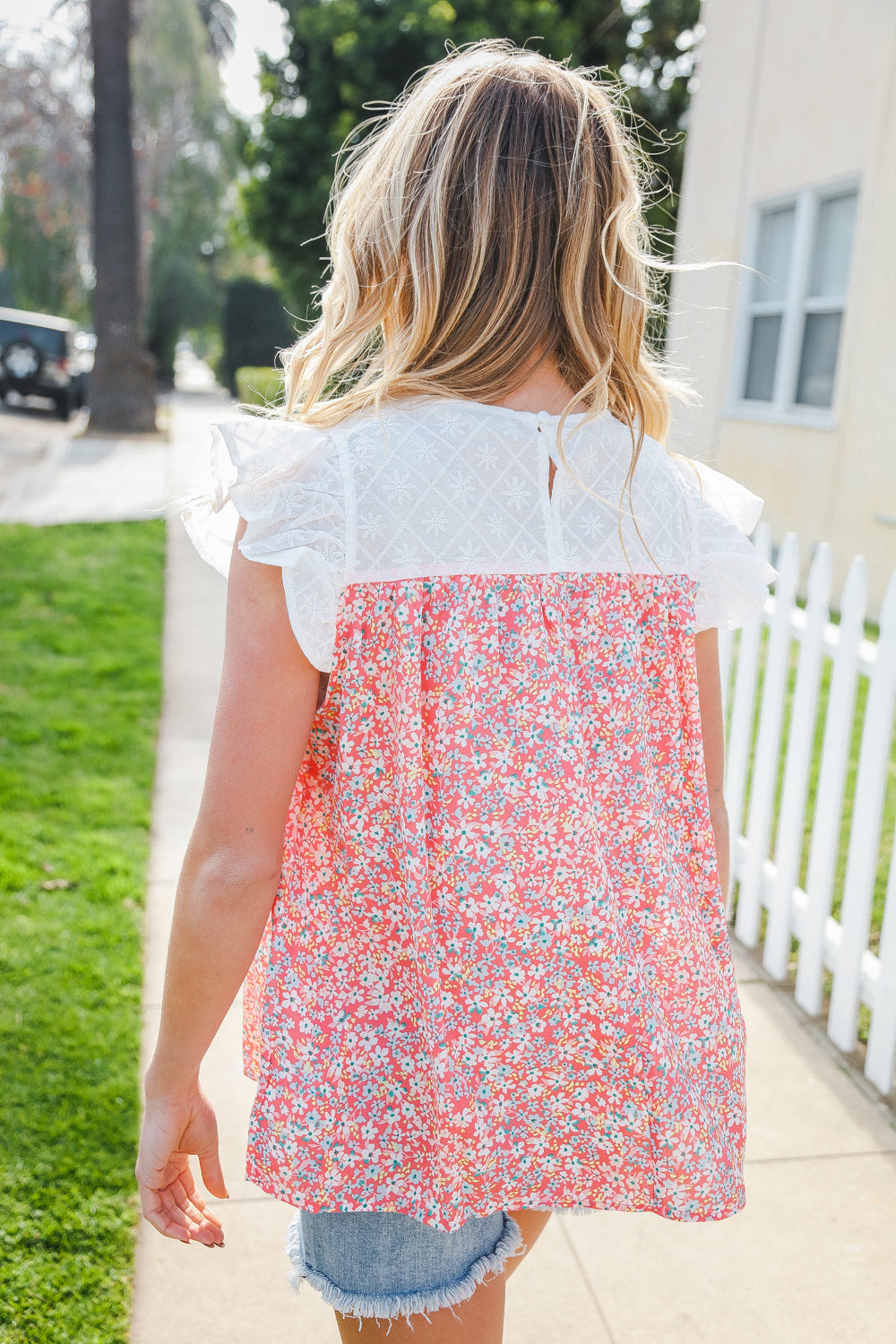 Haptics Coral & White Cotton Floral Embroidered Yoke Top Final Sale