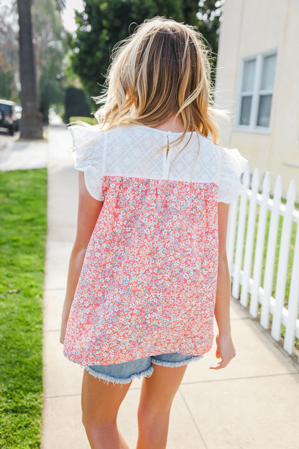 Haptics Coral & White Cotton Floral Embroidered Yoke Top Final Sale