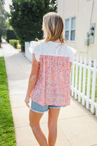 Haptics Coral & White Cotton Floral Embroidered Yoke Top Final Sale