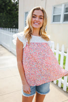 Haptics Coral & White Cotton Floral Embroidered Yoke Top Final Sale