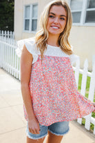 Haptics Coral & White Cotton Floral Embroidered Yoke Top Final Sale