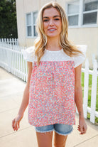 Haptics Coral & White Cotton Floral Embroidered Yoke Top Final Sale