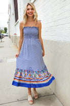 Haptics Navy Boho Print Smocked Shoulder Tie Border Hem Dress