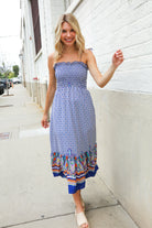 Haptics Navy Boho Print Smocked Shoulder Tie Border Hem Dress