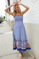 Haptics Navy Boho Print Smocked Shoulder Tie Border Hem Dress