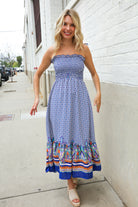 Haptics Navy Boho Print Smocked Shoulder Tie Border Hem Dress