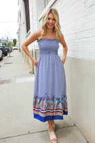 Haptics Navy Boho Print Smocked Shoulder Tie Border Hem Dress