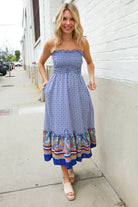 Haptics Navy Boho Print Smocked Shoulder Tie Border Hem Dress