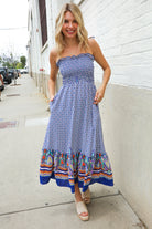 Haptics Navy Boho Print Smocked Shoulder Tie Border Hem Dress