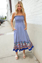 Haptics Navy Boho Print Smocked Shoulder Tie Border Hem Dress