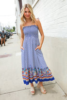 Haptics Navy Boho Print Smocked Shoulder Tie Border Hem Dress