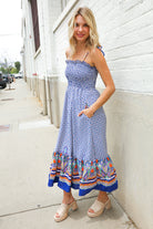 Haptics Navy Boho Print Smocked Shoulder Tie Border Hem Dress