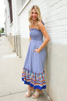 Haptics Navy Boho Print Smocked Shoulder Tie Border Hem Dress