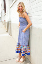 Haptics Navy Boho Print Smocked Shoulder Tie Border Hem Dress