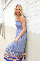 Haptics Navy Boho Print Smocked Shoulder Tie Border Hem Dress