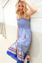 Haptics Navy Boho Print Smocked Shoulder Tie Border Hem Dress