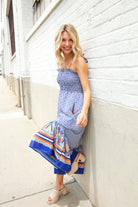 Haptics Navy Boho Print Smocked Shoulder Tie Border Hem Dress