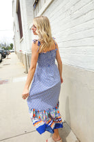 Haptics Navy Boho Print Smocked Shoulder Tie Border Hem Dress