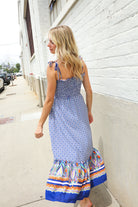 Haptics Navy Boho Print Smocked Shoulder Tie Border Hem Dress