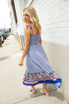 Haptics Navy Boho Print Smocked Shoulder Tie Border Hem Dress