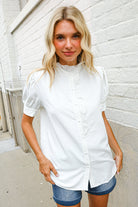 First Love White Ruffle Crochet Puff Sleeve Button Down Top