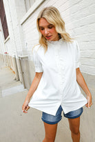 First Love White Ruffle Crochet Puff Sleeve Button Down Top