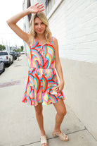 Haptics Multicolor Neck Ribbon Tie Bow Flare Hem Romper