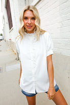 First Love White Ruffle Crochet Puff Sleeve Button Down Top