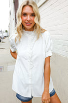 First Love White Ruffle Crochet Puff Sleeve Button Down Top