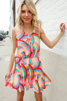 Haptics Multicolor Neck Ribbon Tie Bow Flare Hem Romper Large