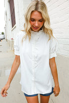 First Love White Ruffle Crochet Puff Sleeve Button Down Top Large