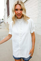 First Love White Ruffle Crochet Puff Sleeve Button Down Top