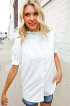 First Love White Ruffle Crochet Puff Sleeve Button Down Top