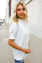 First Love White Ruffle Crochet Puff Sleeve Button Down Top