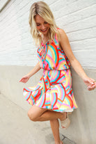 Haptics Multicolor Neck Ribbon Tie Bow Flare Hem Romper