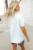 First Love White Ruffle Crochet Puff Sleeve Button Down Top