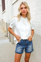 First Love White Ruffle Crochet Puff Sleeve Button Down Top