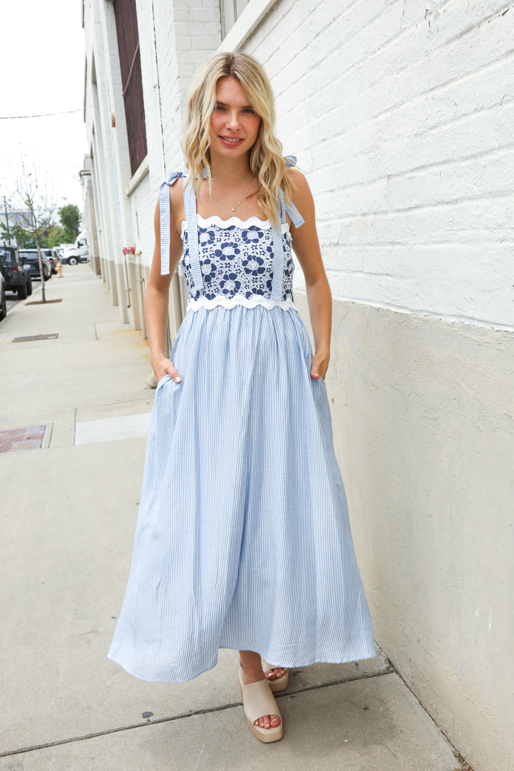 Kori America Blue Floral Netted Yoke Stripe Ric Rack Dress